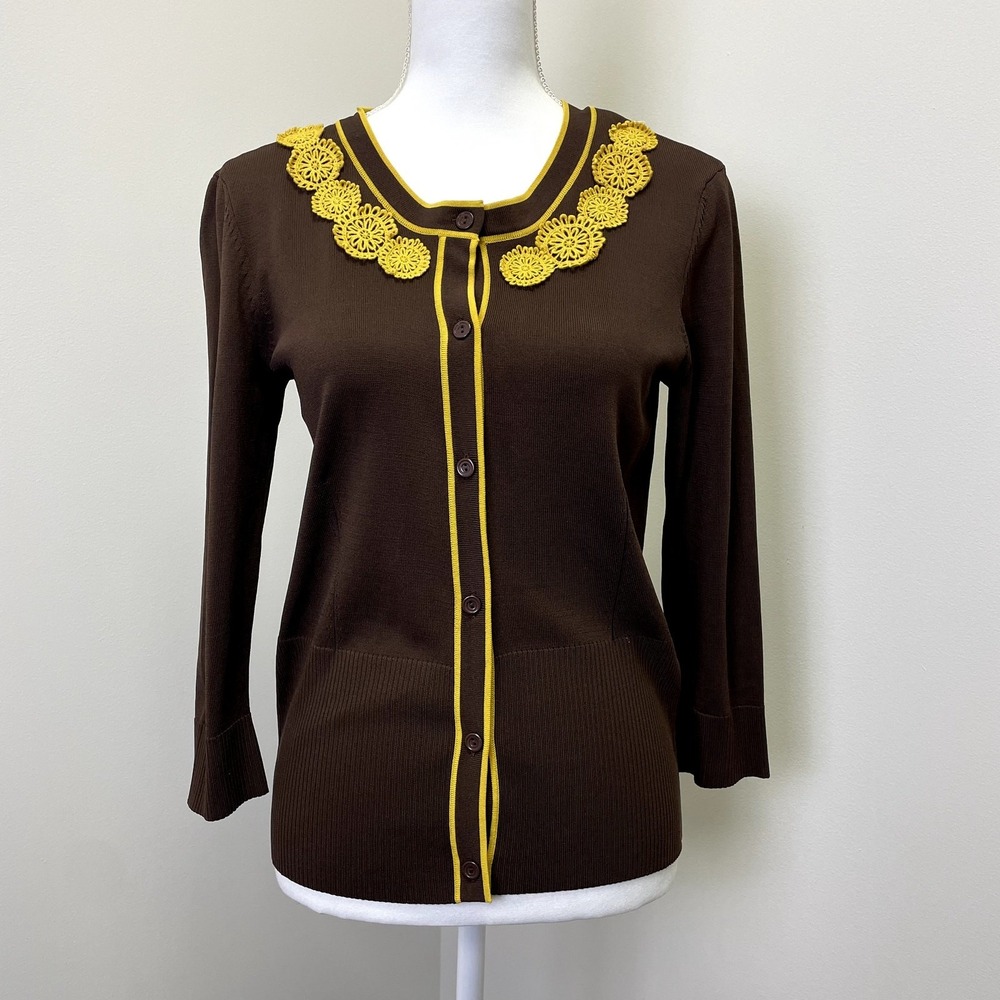 Knit Chic Brown Mustard Yellow Floral Crochet Trim Cardigan Sweater Medium